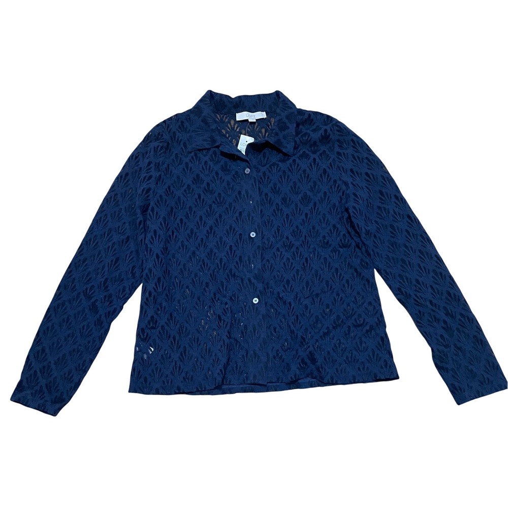 LOFT Navy Blue Lace Button Down Long Sleeve Top Romantic Geometric‎ Sheer XL NWT
